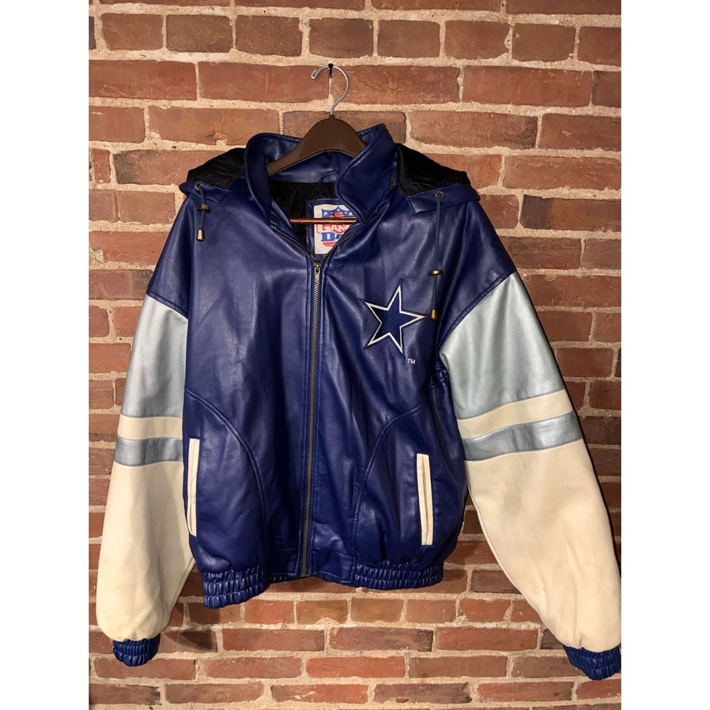 Rare Dallas Cowboys Faux‎ Leather Hooded Jacket NFL Blue White Silver XL Retro